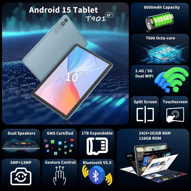 Alt view image 2 of 5 - Suicoey 2025 Tablet, 10 inch Android 15 Tablet with Keyboard, 24GB RAM+128GB ROM(1TB Expand), Octa Core, 5G/2.4G WiFi, 8000mAh, BT V5.0, with Case, Mouse, Stylus, Split-Screen(Pink)