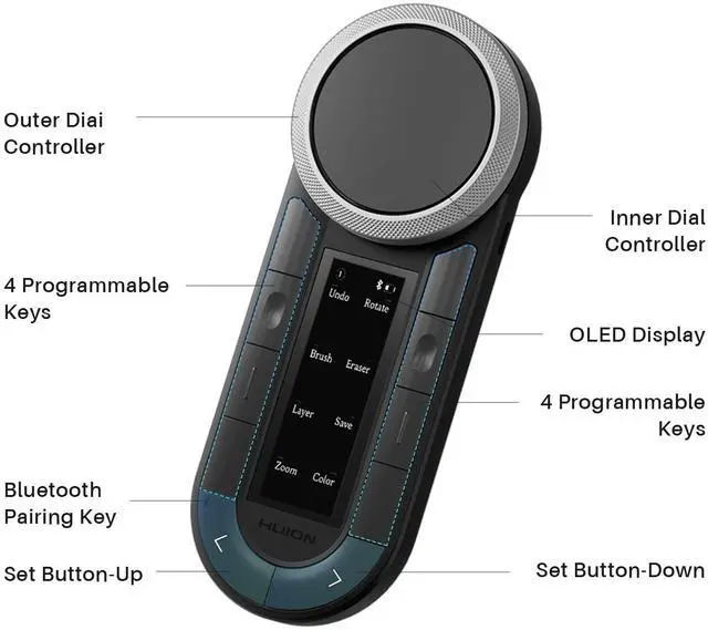 Alt view image 2 of 5 - HUION Keydial Remote Bluetooth Programmable Keypad with Dual Dials 60 Customized Keys, OLED Display Macro Keypad Work with PC, Mac, Mobile, One-Hand Shortcut Keyboard for Drawing Tablet, Laptops