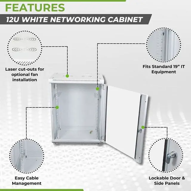 Alt view image 2 of 5 - NavePoint 12U Network Cabinet with Glass Door  12U Wall Mount Server Cabinet White 19 Rack for IT Equipment, AV Devices, Networking Equipment 17 Deep Server Rack Enclosure