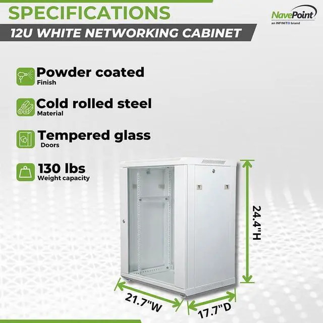 Alt view image 4 of 5 - NavePoint 12U Network Cabinet with Glass Door  12U Wall Mount Server Cabinet White 19 Rack for IT Equipment, AV Devices, Networking Equipment 17 Deep Server Rack Enclosure