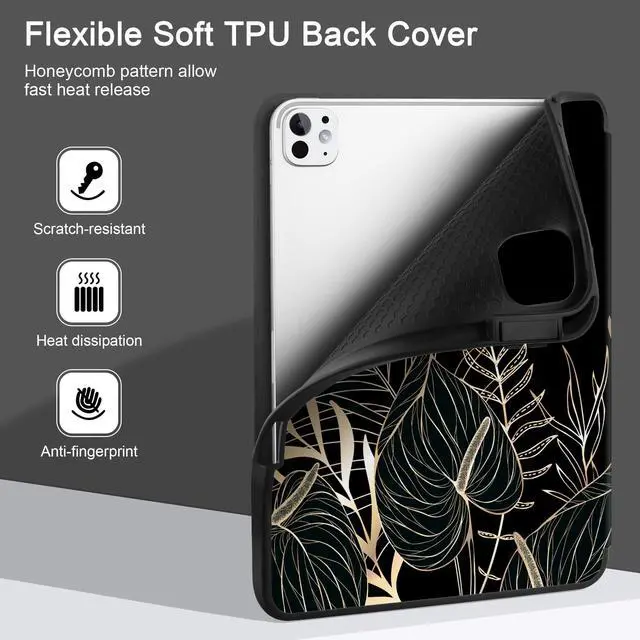 Alt view image 4 of 5 - DONGKE Case for iPad Pro M4 11 inch 2024 5th Gen - [Built-in Pencil Holder] Ultra Thin Soft TPU Back Cover with Trifold Stand Support Auto Wake/Sleep for iPad Pro 11-inch (M4) - Line Flowers