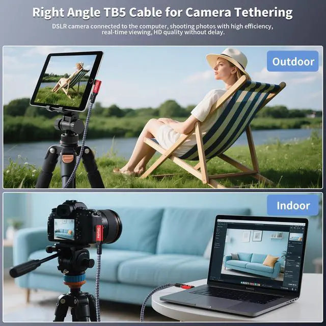 Alt view image 4 of 5 - Gfopdba USB C Camera Tethering Cable for Right Angle Thunderbolt 5 Cable 15FT, Support 20Gbps, 240W PD, 4K@60Hz for Thunderbolt 4, iPhone 17, USB4, Canon, Sony, Nikon, Fuji, Mac mini M4