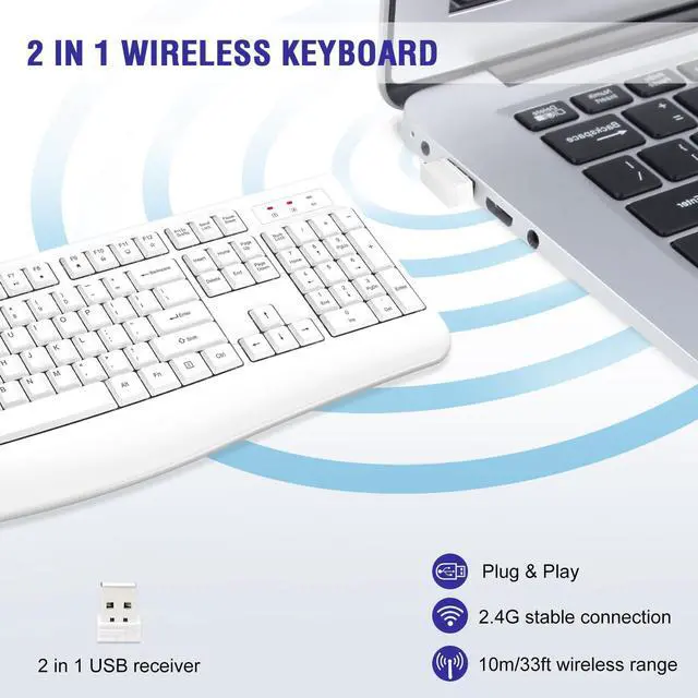 Alt view image 3 of 5 - QUASIO Wireless Keyboard, 2.4G Full-Sized Ergonomic Wireless Computer Keyboard with Wrist Rest for Windows, Mac OS Laptop/PC/Desktop/Notebook (White)
