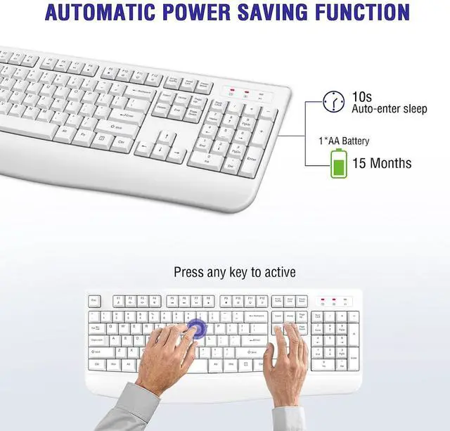 Alt view image 4 of 5 - QUASIO Wireless Keyboard, 2.4G Full-Sized Ergonomic Wireless Computer Keyboard with Wrist Rest for Windows, Mac OS Laptop/PC/Desktop/Notebook (White)