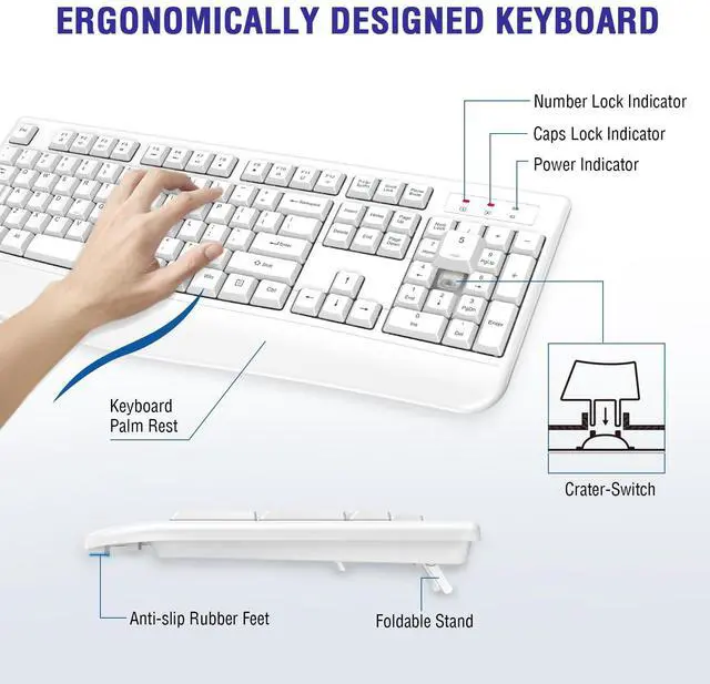Alt view image 5 of 5 - QUASIO Wireless Keyboard, 2.4G Full-Sized Ergonomic Wireless Computer Keyboard with Wrist Rest for Windows, Mac OS Laptop/PC/Desktop/Notebook (White)