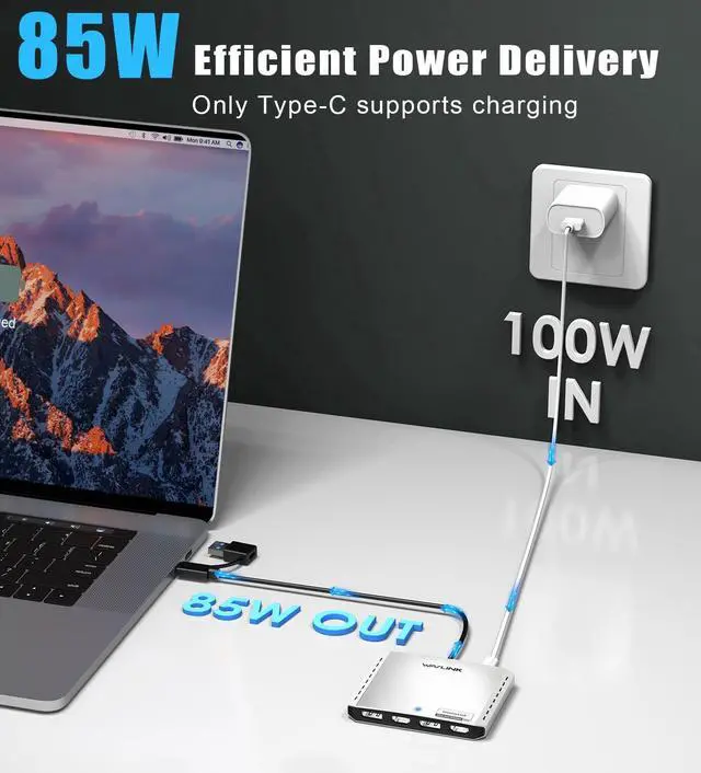 Alt view image 4 of 5 - WAVLINK USB C to 4K HDMI & DP Adapter, Extended Quad Displays for Mac/Windows, Dual 8K or Quad 4K Monitors Splitter, DP Port Supports 120Hz high-Refresh, with PD 85W for Laptop (DL-7400)