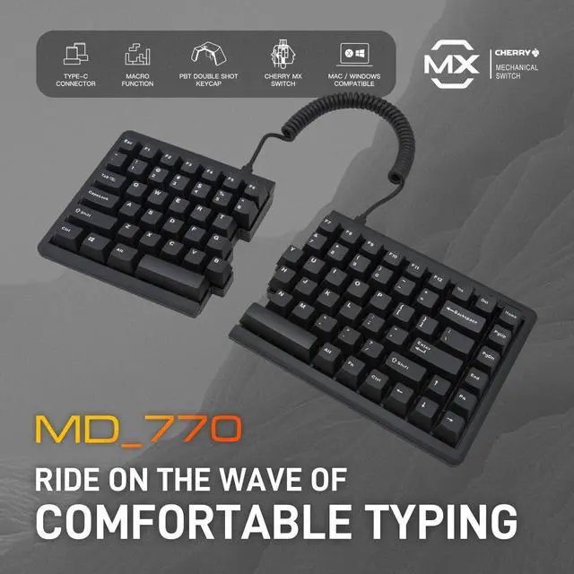 Alt view image 2 of 5 - BAROCCOMiSTEL MD770 Classic Black/WF, TKL Ergonomic Mechanical Keyboard, Cherry MX, Split-Alice Layout, PBT DoubleShot Keycap, Mac/Windows OS Compatible (Blue)