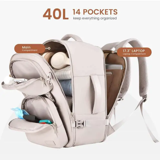 Alt view image 3 of 5 - LOVEVOOK Travel Backpack for Women Men, TSA Carry on Backpack Flight Approved 40L Fits 17 Inch Laptop, Waterproof Personal Item Travel Bag Business Weekender Daypack with Detachable Crossbody Bag