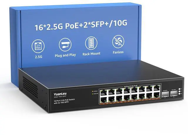 Main image of YuanLey 18 Port 2.5G PoE Switch Unmanaged, 16 x 2.5G Base-T PoE Ports, 2 x 10G SFP+, IEEE802.3af/at, 250W, Compatible with 100/1000/2500Mbps, Metal Case, Desktop/Rack Mount 2.5Gbe Network Switch
