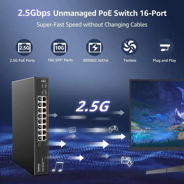 Alt view image 2 of 5 - YuanLey 18 Port 2.5G PoE Switch Unmanaged, 16 x 2.5G Base-T PoE Ports, 2 x 10G SFP+, IEEE802.3af/at, 250W, Compatible with 100/1000/2500Mbps, Metal Case, Desktop/Rack Mount 2.5Gbe Network Switch