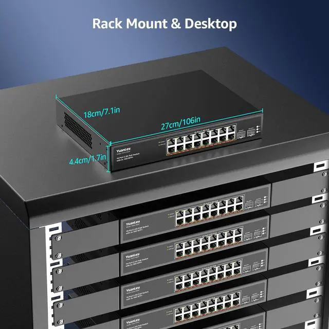 Alt view image 5 of 5 - YuanLey 18 Port 2.5G PoE Switch Unmanaged, 16 x 2.5G Base-T PoE Ports, 2 x 10G SFP+, IEEE802.3af/at, 250W, Compatible with 100/1000/2500Mbps, Metal Case, Desktop/Rack Mount 2.5Gbe Network Switch