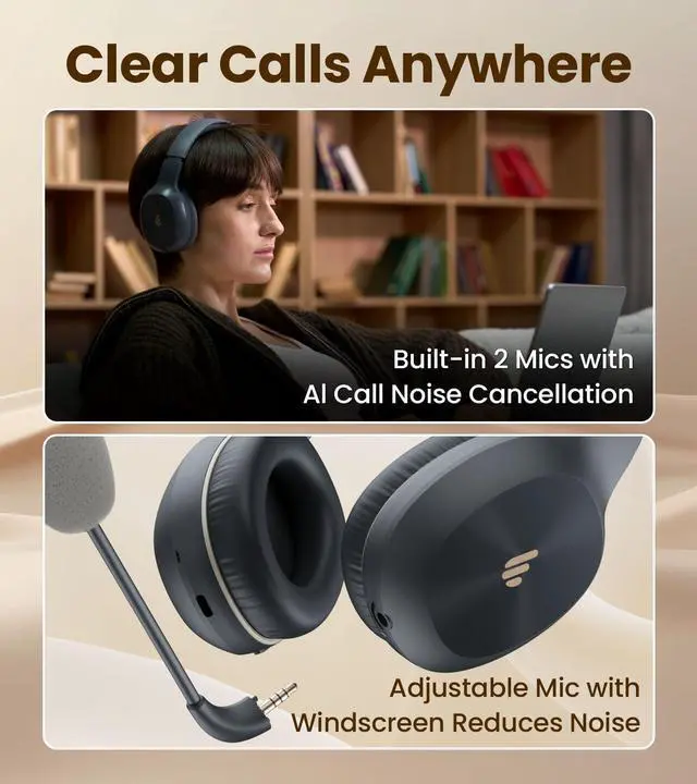 Alt view image 2 of 5 - Edifier K750W Wireless Headset with Noise Cancelling Mic & Mic Mute, Sidetone Feedback, 55H Playtime, Stereo Sound, Lightweight for Learning & Work, Bluetooth 5.4 for PC/Call Center/Laptop - Grey