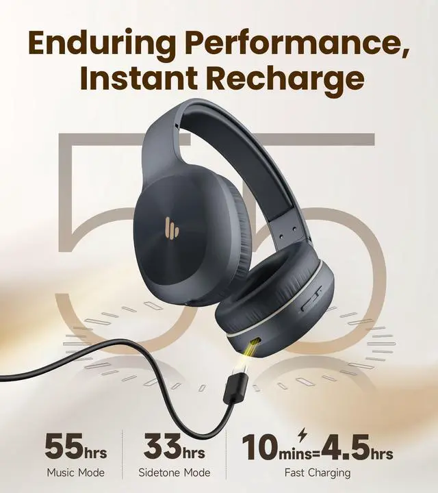 Alt view image 4 of 5 - Edifier K750W Wireless Headset with Noise Cancelling Mic & Mic Mute, Sidetone Feedback, 55H Playtime, Stereo Sound, Lightweight for Learning & Work, Bluetooth 5.4 for PC/Call Center/Laptop - Grey