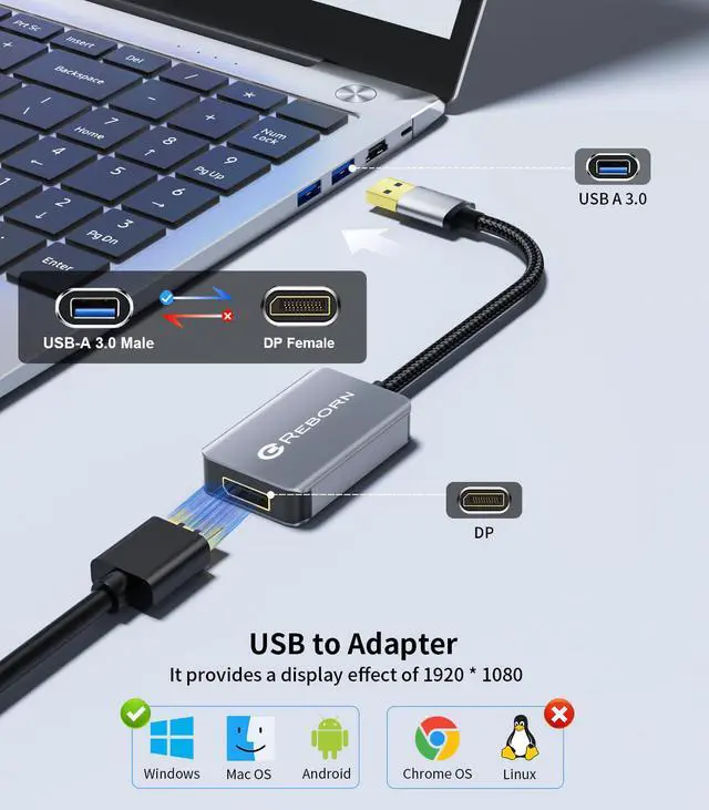 Alt view image 2 of 5 - Reborn USB 3.0 to DisplayPort Adapter, 1080P@60Hz USB 3.0 Male to DisplayPort Female Multi-Display Cable Converter Suitable for MAC OS, Windows 7/8/10/11