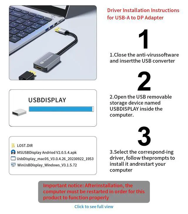 Alt view image 3 of 5 - Reborn USB 3.0 to DisplayPort Adapter, 1080P@60Hz USB 3.0 Male to DisplayPort Female Multi-Display Cable Converter Suitable for MAC OS, Windows 7/8/10/11