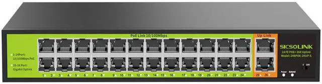Main image of POE Switch with 24 Port POE + 2 Gigabit Uplink,802.3af/at PoE+ 100Mbps, 400W Built-in Power,Unmanaged, Extend to 250M for Security Camera System, AP, IP Phone.