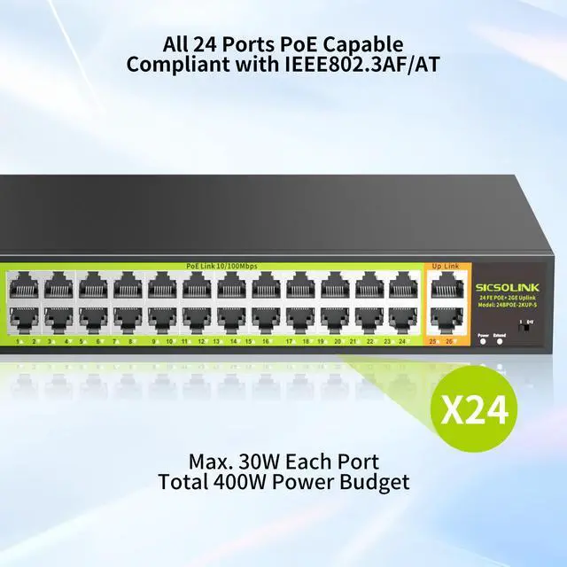 Alt view image 3 of 5 - POE Switch with 24 Port POE + 2 Gigabit Uplink,802.3af/at PoE+ 100Mbps, 400W Built-in Power,Unmanaged, Extend to 250M for Security Camera System, AP, IP Phone.