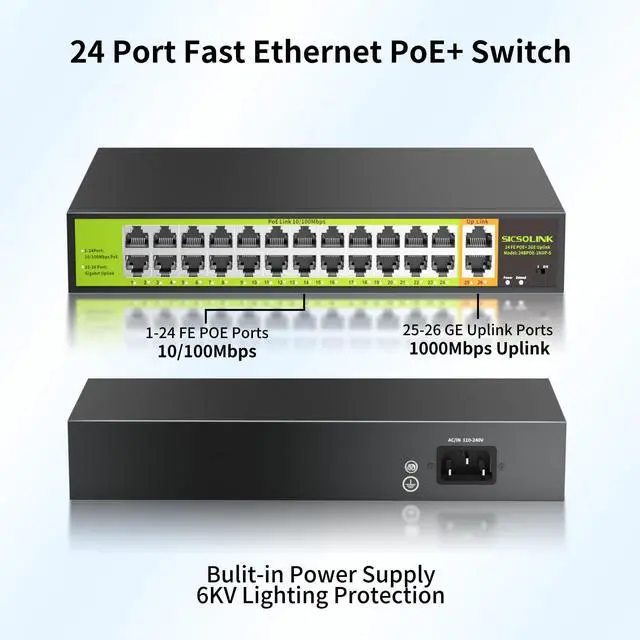 Alt view image 2 of 5 - POE Switch with 24 Port POE + 2 Gigabit Uplink,802.3af/at PoE+ 100Mbps, 400W Built-in Power,Unmanaged, Extend to 250M for Security Camera System, AP, IP Phone.