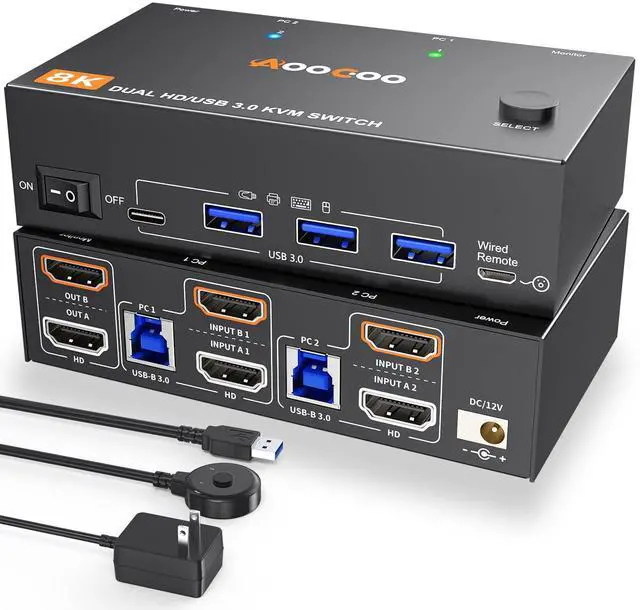 Main image of KVM Switch 2 Monitors 2 Computers 8K@60Hz/4K120Hz,HDMI USB3.0 Dual Monitors KVM Switches with 4 USB 3.0 Port,Wired Remote,USB3.0 Cables Included(8K 2 PC 2 Monitor KVM)