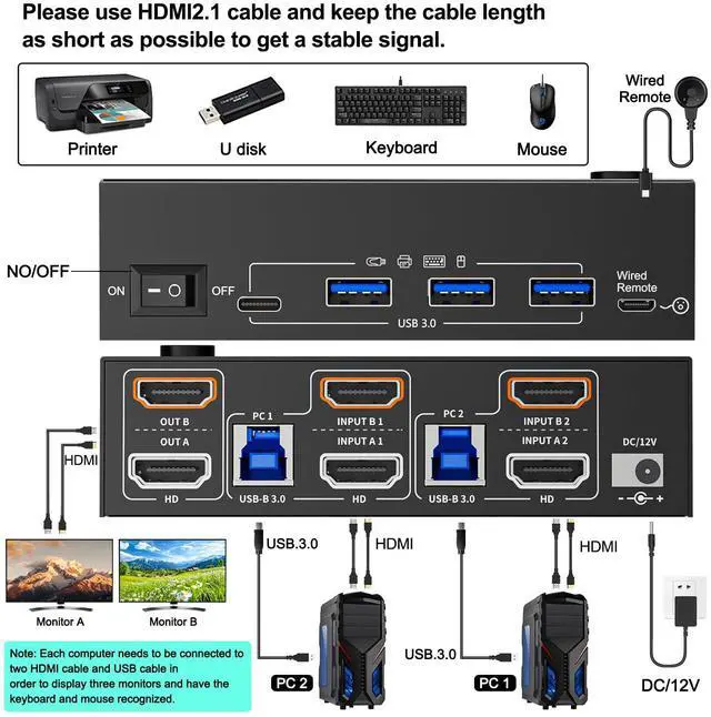 Alt view image 2 of 5 - KVM Switch 2 Monitors 2 Computers 8K@60Hz/4K120Hz,HDMI USB3.0 Dual Monitors KVM Switches with 4 USB 3.0 Port,Wired Remote,USB3.0 Cables Included(8K 2 PC 2 Monitor KVM)