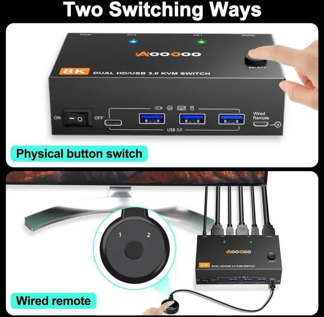 Alt view image 4 of 5 - KVM Switch 2 Monitors 2 Computers 8K@60Hz/4K120Hz,HDMI USB3.0 Dual Monitors KVM Switches with 4 USB 3.0 Port,Wired Remote,USB3.0 Cables Included(8K 2 PC 2 Monitor KVM)