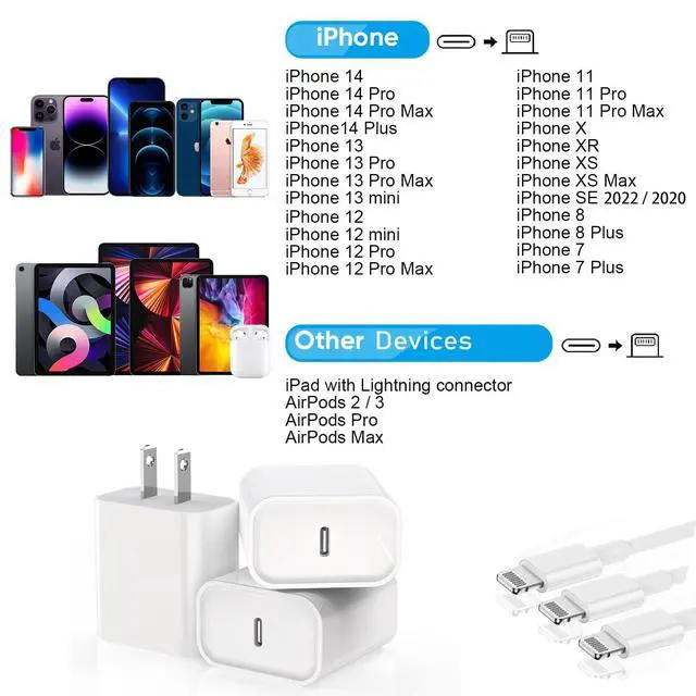 Alt view image 4 of 5 - [Apple MFi Certified]Long iPhone Fast Charging Cable,3Pack 20W Phone Charger USB C Charger Block Plug+6Foot Type C to Lightning Cord for iPhone 14/Pro/Pro Max/Plus/13/12/11/XS/XR/X/SE2022/iPad/AirPods
