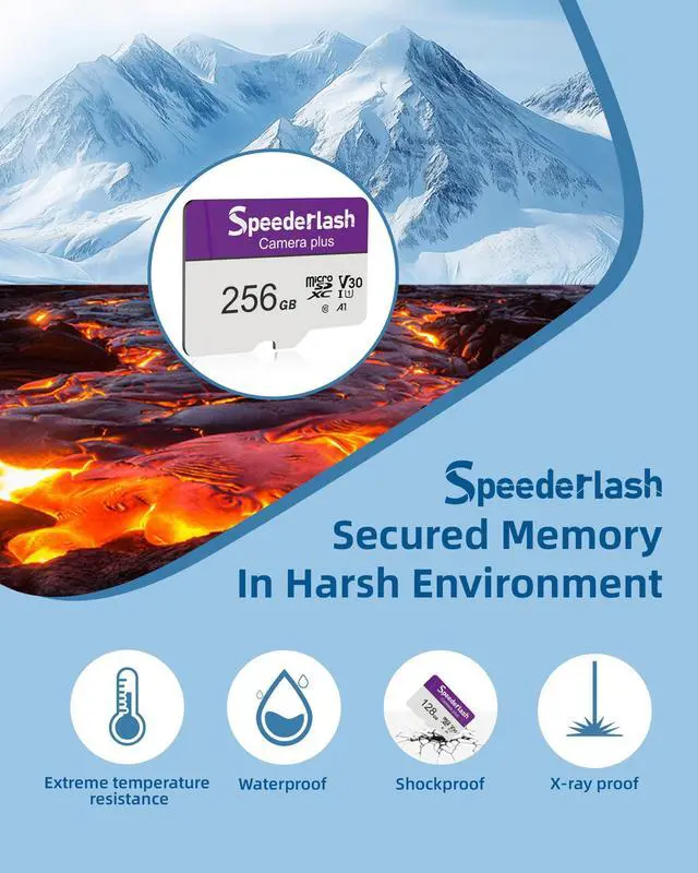 Alt view image 2 of 5 - Micro SDXC Memory Card 256GB 2 Pack, Speederlash Camera Plus TF Card with Adapter, Up to 100MB/s Read Speed, 4K UHD&5K Video Support, U1 V30 A1 Rated, Waterproof, for Security Camera, Dashcam, Drones