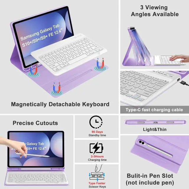 Alt view image 4 of 5 - Keyboard with Tablet Case for Samsung Galaxy Tab S10+/S9 +/S9 FE+ 12.4 inch,Detachable Wireless Keyboard Soft TPU Folio Case for S10 Plus/S9 Plus/S9 FE Plus, with S Pen Holder(Purple)