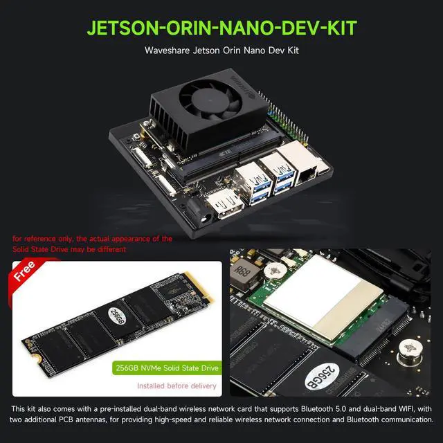 Alt view image 3 of 5 - Waveshare Jetson Orin Nano AI Development Kit for Embedded and Edge Systems 8GB Memory Jetson Orin Nano Module (5 Items),Comes with a Free 256 GB NVMe Solid State Drive