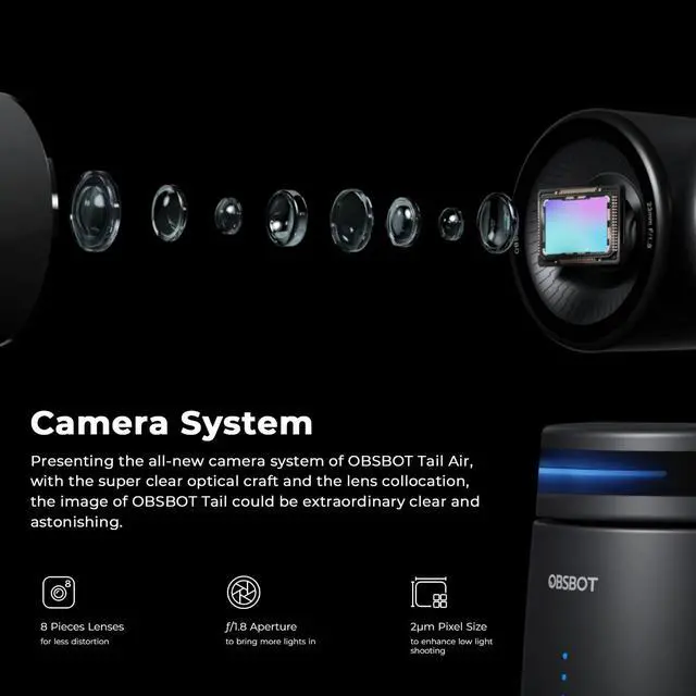 Alt view image 5 of 5 - OBSBOT Tail AIR,with Tripod,NDI PTZ Camera, 4K AI-Powered Webcam,1.8" CMOS,f/1.8 Aperture,AI Auto Track,Gesture & Remote Controls,TOF Sensor,Wired&Wireless Connection,LiveStream for Church/Music Live