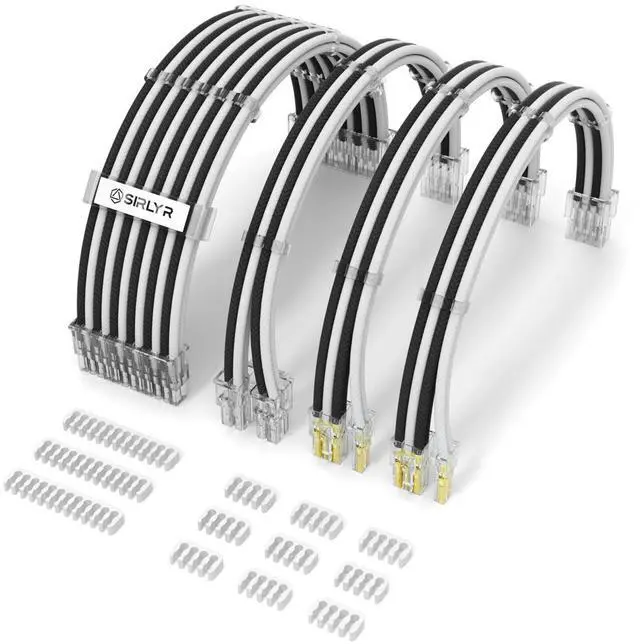 Main image of Sirlyr PSU Cable Extension,Customed Pre-Bend PC Power Supply Cable,1x 24 Pin ATX / 1x 8 (4+4) Pin EPS/Longer 2X 8 (6+2) Gold-Plated Pin Pcie,Nylon Sleeved Black White,4 Kits