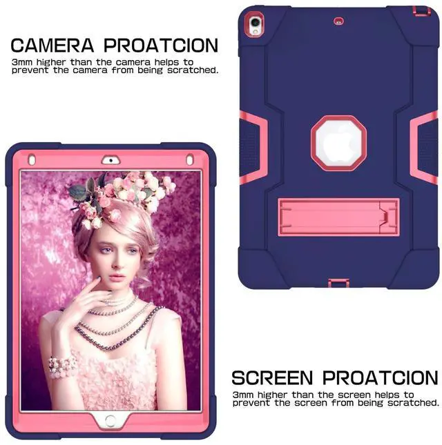 Alt view image 4 of 5 - Jaorty 3 in 1 Hybrid Case for iPad Air 3 10.5" & iPad Pro 10.5" - Heavy Duty Rugged Stand, Shockproof, Anti-Slip, Anti-Scratch, Blue/Rose Red