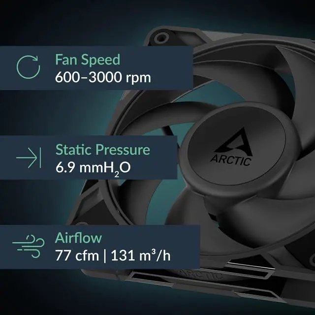 Alt view image 2 of 5 - ARCTIC P12 Pro PST CO - Powerful Premium Fan for Continuous Operation, 120 mm PWM Fan with Y-Cable Splitter, 400-3000 RPM, 0 RPM <5% PWM, Dual Ball Bearing, 4-Pin - Black