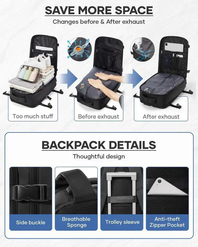 Alt view image 3 of 5 - bergsalz Vacuum Seal Backpack Travel With Pump,Mochila De Viaje Compresion Al Vacio,Personal Item Travel Backpack With Vacuum System,Large Carry On Vacpack Backpacks For Women Men,Black