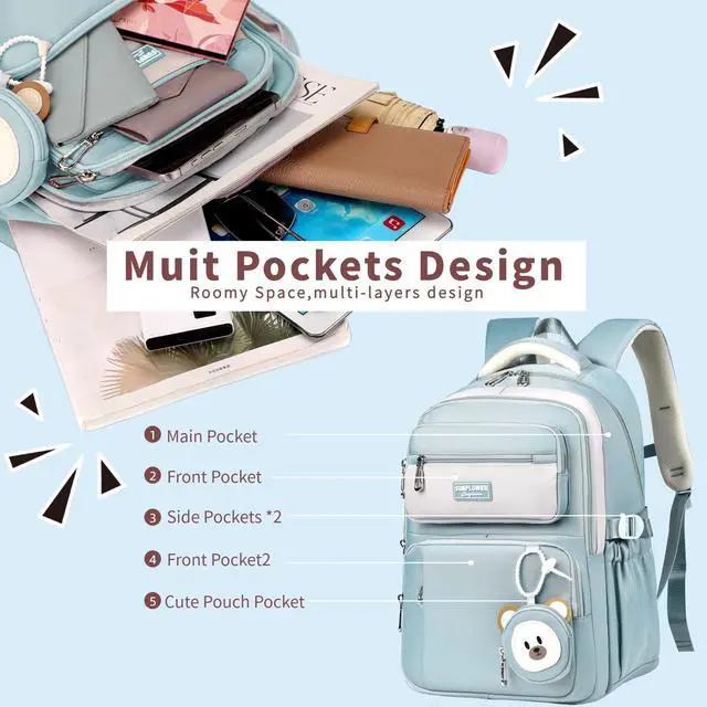 Alt view image 4 of 4 - Leaper Preppy Backpack for Teens : 18.5 inch Bookbag Multi-pocket for School Daily -Water Resistant Anti Theft Middle Highschool Student - Aged 10-16 - Gifts for Girls and Kids(Blue)