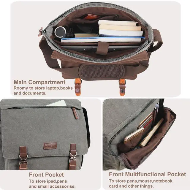 Alt view image 3 of 5 - Canvas Messenger Bag for Men Women,Travel Satchel Shoulder bag 15.6 Inch Laptop Bags Business(Grey-Upgrade)