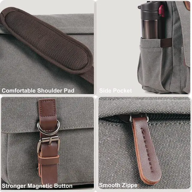 Alt view image 4 of 5 - Canvas Messenger Bag for Men Women,Travel Satchel Shoulder bag 15.6 Inch Laptop Bags Business(Grey-Upgrade)