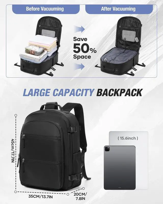 Alt view image 2 of 5 - VENATIN Vacuum Backpack Travel with Air Pump for Men,Large Travel Backpack with Vacuum Seal System,Flight Approved 18x14x8 Personal Item Travel Bag,mochila compresion al vacio,Laptop Backpacks,Black