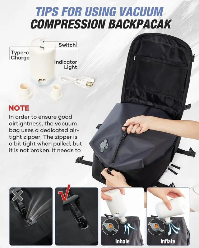 Alt view image 5 of 5 - VENATIN Vacuum Backpack Travel with Air Pump for Men,Large Travel Backpack with Vacuum Seal System,Flight Approved 18x14x8 Personal Item Travel Bag,mochila compresion al vacio,Laptop Backpacks,Black