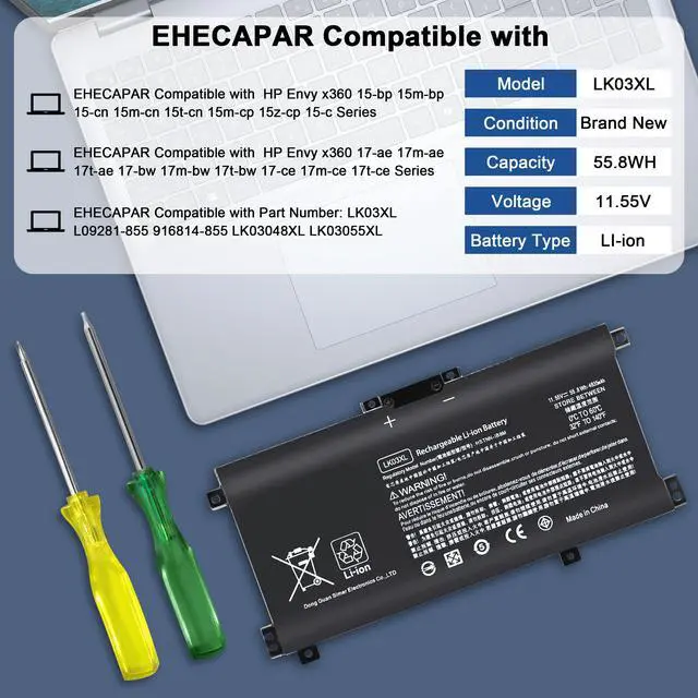 Alt view image 5 of 5 - EHECAPAR LK03XL L09281-855 916814-855 Battery Compatible with HP Envy X360 Convertible 15m-cn0011dx 15m-cn0012dx 15-cn0xxx 15m-cp0xxx 17-bw 17m-ae111dx LKO3XL 916814-855 LK03048XL L09281-855