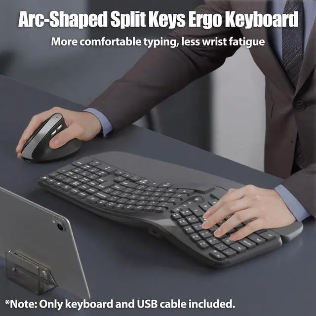 Alt view image 2 of 5 - TISHLED Bow Split Ergonomic Keyboard Wireless with Cushioned Wrist & Palm Rest, Wireless 2.4G/Bluetooth/Wired USB-C, Comfortable Natural Typing, Compatible with Windows/Mac/PC/Laptop, Space Grey