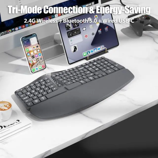 Alt view image 4 of 5 - TISHLED Bow Split Ergonomic Keyboard Wireless with Cushioned Wrist & Palm Rest, Wireless 2.4G/Bluetooth/Wired USB-C, Comfortable Natural Typing, Compatible with Windows/Mac/PC/Laptop, Space Grey