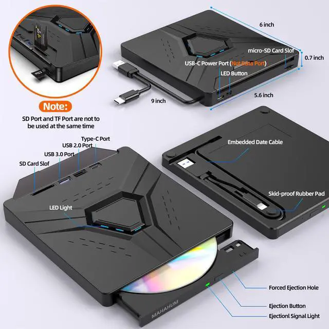 Alt view image 4 of 5 - MAHAHUM External CD/DVD Drive for Laptop,8-in-1 Plug & Play USB DVD Drive DVD Player Portable CD Burner External Disk Drive Compatible with Desktop PC Windows 11/10/8 Linux Mac OS Mac MacBook Pro/Air