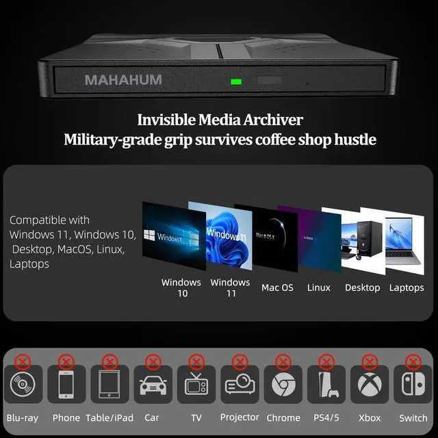 Alt view image 5 of 5 - MAHAHUM External CD/DVD Drive for Laptop,8-in-1 Plug & Play USB DVD Drive DVD Player Portable CD Burner External Disk Drive Compatible with Desktop PC Windows 11/10/8 Linux Mac OS Mac MacBook Pro/Air