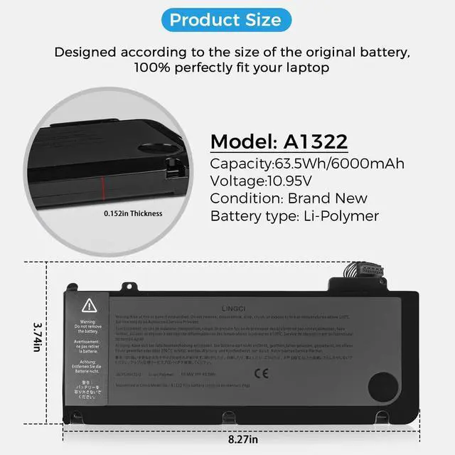 Alt view image 3 of 5 - LINGCI A1322 A1278 Battery Replacement for MacBook Pro 13 inch A1278 [Mid 2012 2010 2009 Early 2011 Late 2011] 661-5229 661-5557 020-6547-A 020-6765-A (2009 2010 2011 2012 Version)63.5Wh 11.6V 6000mAh