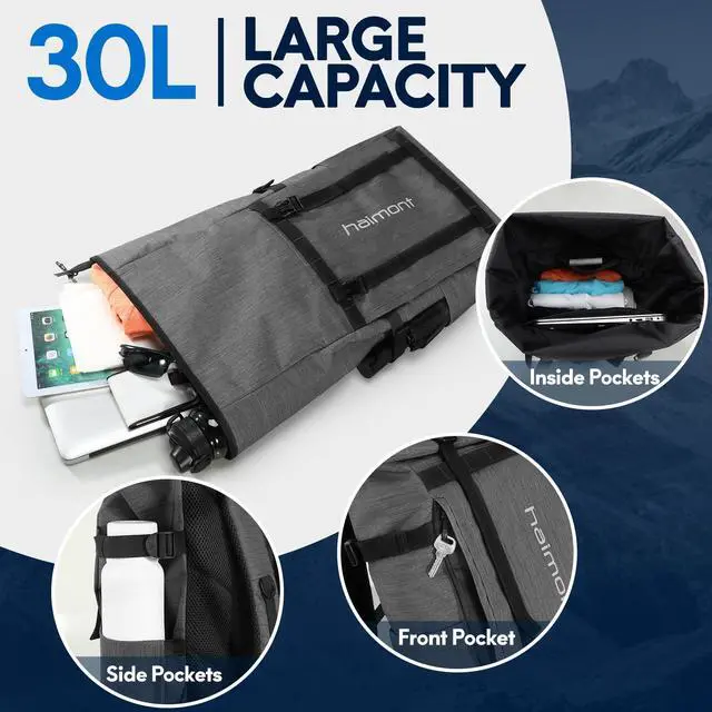 Alt view image 4 of 5 - Haimont Rolltop Backpack for Men Women Water-Resistant Carry on Travel Backpack Casual Daypack with Laptop Compartment for Work Trip Hiking, 20L, Dark Gray