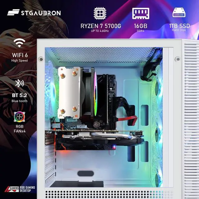 Alt view image 3 of 5 - STGAubron RGB PC Computer Desktop, AMD Ryzen 7 5700G up to 4.6G, 16GB DDR4, 1TB SSD, WiFi 6 & BT 5.2, RGB Fan x4, RGB Keyboard & Mouse, Windows 11 Home