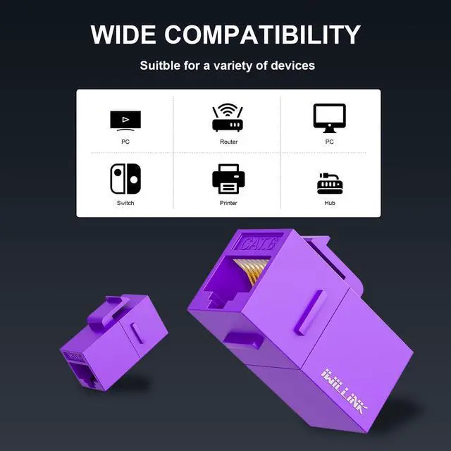 Alt view image 2 of 5 - iwillink RJ45 Cat6 Keystone Coupler 25-Pack, Female to Female Cat6 Keystone Jack, UTP Keystone Coupler Insert (Purple)