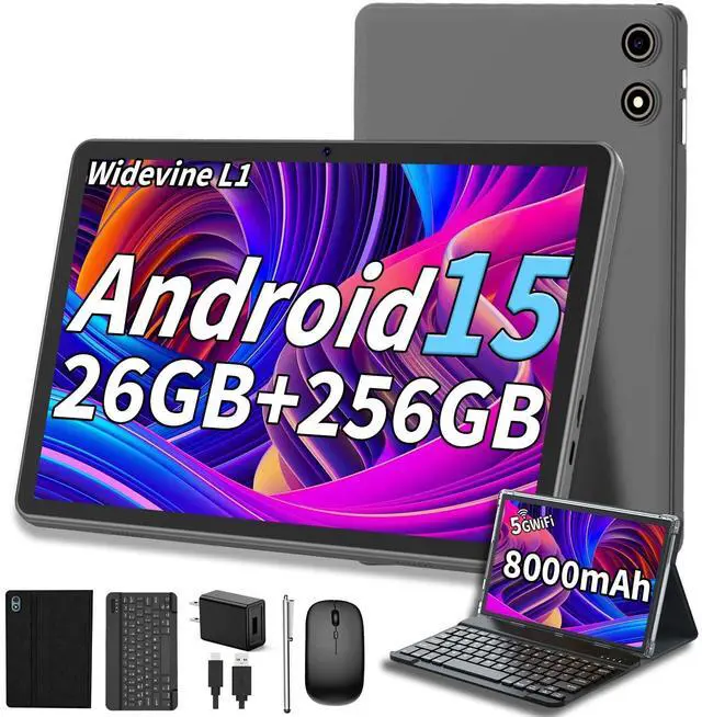 Main image of Android 15 Tablet with Keyboard, 26GB RAM+256GB ROM(2TB Expand), 10 inch tablet with 8000mAh Battery, 2.4G/5G WiFi, 5MP+13MP Dual Camera, Widevine L1, GMS Certified, Mouse, Case, Stylus(Black Case)