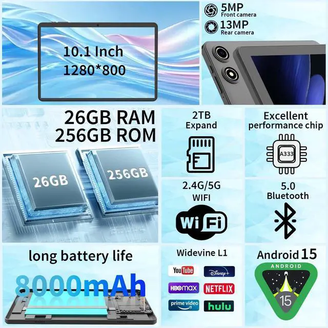 Alt view image 2 of 5 - Android 15 Tablet with Keyboard, 26GB RAM+256GB ROM(2TB Expand), 10 inch tablet with 8000mAh Battery, 2.4G/5G WiFi, 5MP+13MP Dual Camera, Widevine L1, GMS Certified, Mouse, Case, Stylus(Black Case)